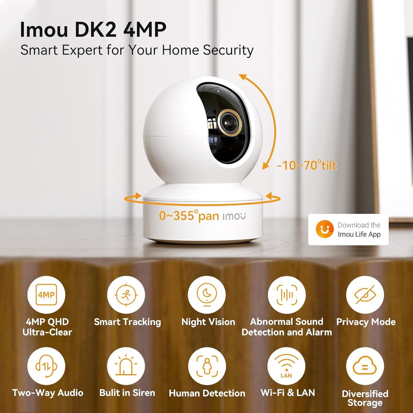 mou 4MP 2.5K QHD Image Smart CCTV Security WiFi Camera for Home, 360° Coverage, AI Human Detection, Siren Alarm, Night Vision 10M, 2-Way Talk, Supports 256GB SD Card, WiFi & Ethernet Connection