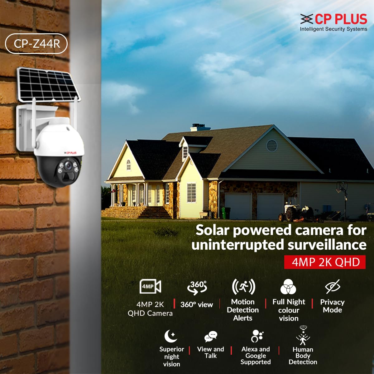 CP Plus 4MP 2K QHD 4G Outdoor PT Solar Camera | Built-in Battery Support | Two Way Talk | PIR Motion Detection Alerts | Full Color Night Vision | SD Card (Up to 256 GB) CP-Z44R