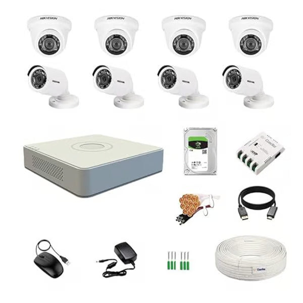 HIKVISION Clocite 8 Channel DVR with 2MP 4 Dome & 4 Bullet Cameras (Day/Night Vision) + 1TB HDD + Cable Roll (1+3) 8 CH Power Supply + BNC & DC Full Combo Kit
