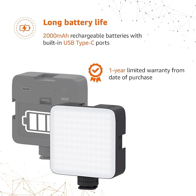 Camera Video Light with Clip and 3 Cold Shoe Connectors | 120 LED Beads | Dimmable and Rechargeable Battery |