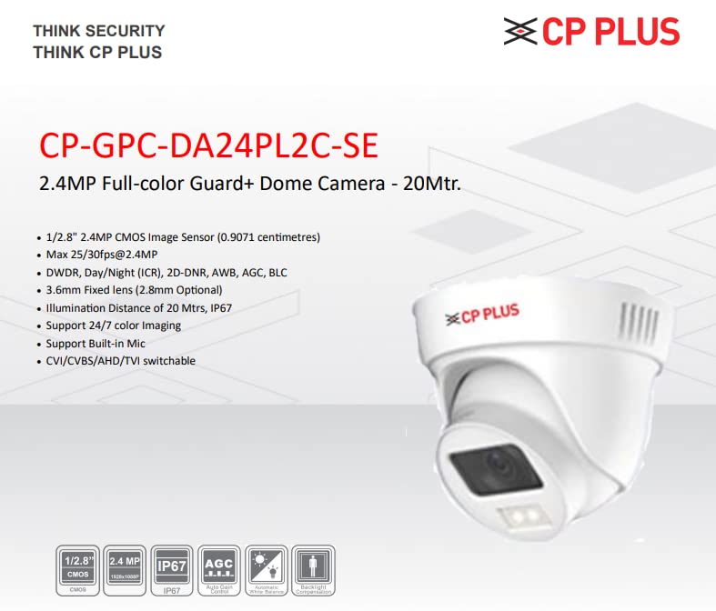 CP PLUS 2.4MP Full-Colour Guard+ Dome Camera Support Built-in Mic (CP-GPC-DA24PL2C-SE) Analog HD Cameras