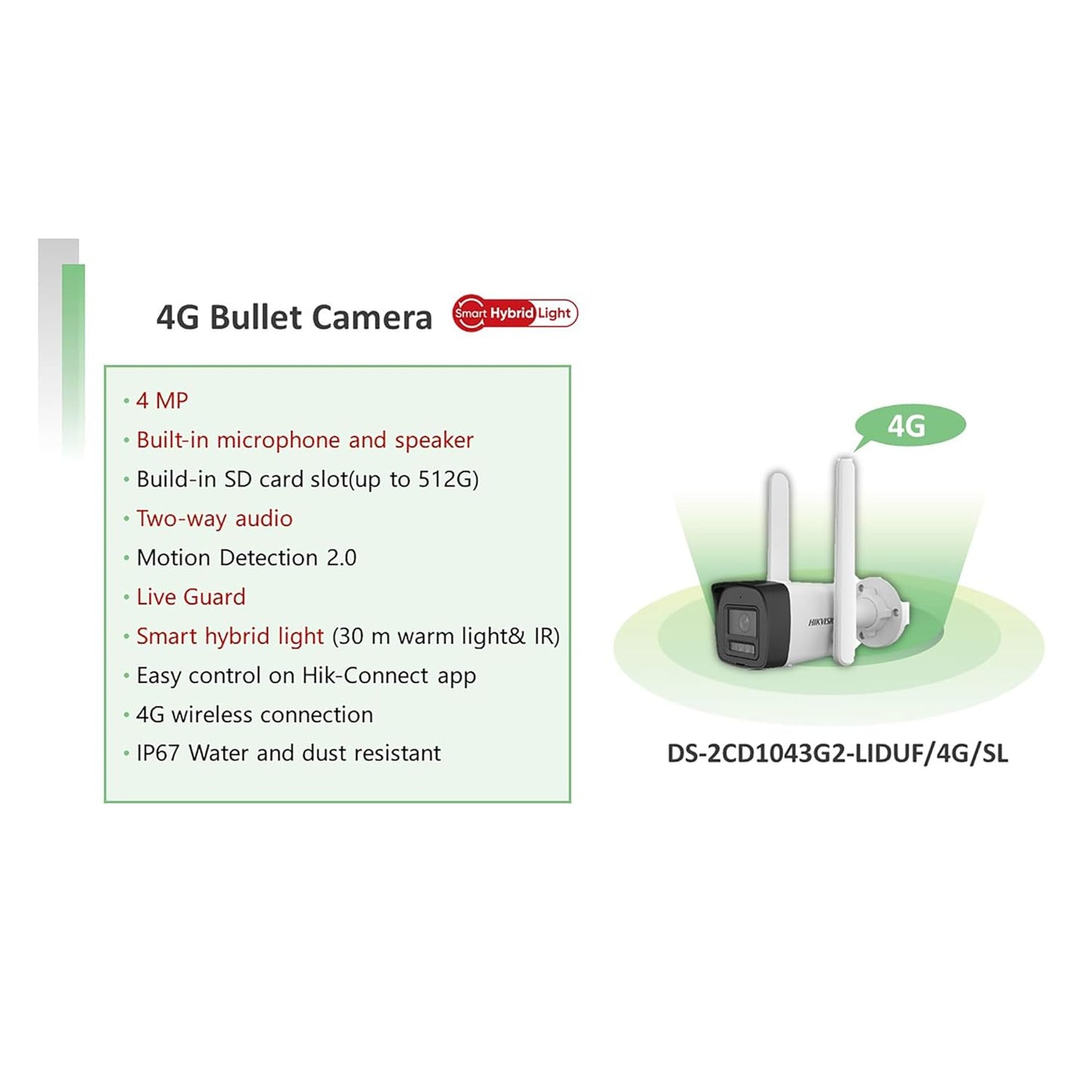 HIKVISION 4MP Smart 4G Hybrid Light Fixed Bullet CCTV Camera | Human & Vehicle Detection | Support 4G LTE(Nano SIM)| 2Way Audio | Storage upto 512 GB(SDcard slot) | Water Resistant |DS-2CD1043G2-LIDUF