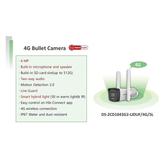 HIKVISION 4MP Smart 4G Hybrid Light Fixed Bullet CCTV Camera | Human & Vehicle Detection | Support 4G LTE(Nano SIM)| 2Way Audio | Storage upto 512 GB(SDcard slot) | Water Resistant |DS-2CD1043G2-LIDUF