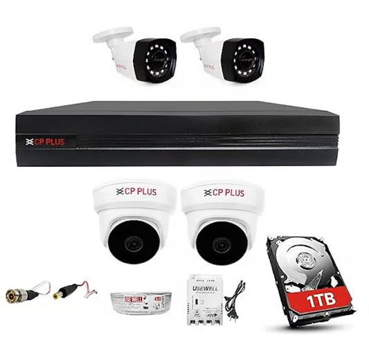 CP PLUS 4 Channel HD DVR 1080p 1Pcs,Outdoor Wired Camera 2.4 MP 2Pcs,Indoor Camera 2.4 MP 2Pcs,1 TB Hard Disk with USEWELL BNC/DC Full Combo Set